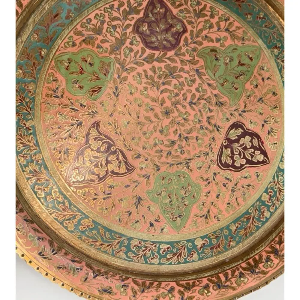 Vintage Brass Enameled Design Meenakari Serving Tray Round Decorative 12”